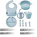 PandaEar Silicone Baby Feeding Set | 9PCS Baby Led Weaning Supplies Self Feeding Utensils | Divided Suction Plate Bowl Bibs Sippy Cup with Baby Snack Container Spoons Forks (Blue)