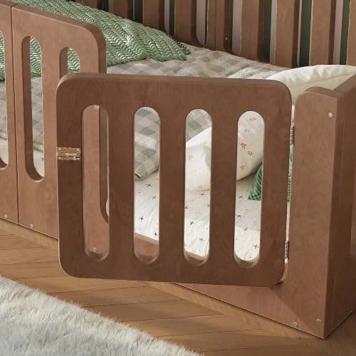Image of Bellemave Twin Montessori Floor Bed Frame,Brown | Solid wood kids montessori floor bed with high safety fence & door, low to ground design for girls and boys