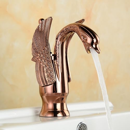 Image of BASSINO Brass Rose Gold Swan Shape Bathroom Sink Wash Basin Mixer Tap Single Handle Hot & Cold Waterfall Lavatory Sink Faucet for Living Room & Bathroom (Rosegold-8 INCH)