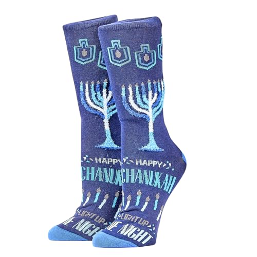 Image of Rite Lite Hanukkah Socks Gift Box | Adult Crew Sock Size 8-12 Festive Chanukah Blue Dreidel & Star of David Crew Socks Jewish Holiday Party Favors Accessories Decorations Gifts (Menorahs)