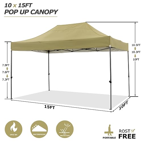 Image of COBIZI 10x15 Pop Up Canopy Tent,Heavy Duty Canopy(Khaki Gray No Sidewalls)