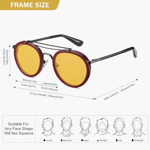 2020 VentiVenti Vintage Steampunk Double Bridge Round Polarized Sunglasses Designer Metal Frame For Women Men Claret Frame/Yellow Lens by 2020 VentiVenti - Used condition - Image 6