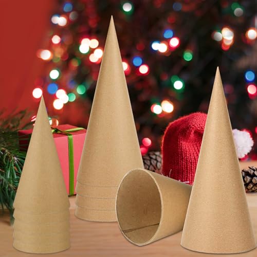 10 Pcs Thickened Paper Mache Cones with Open Bottom Paper Craft Cones Paintable Unfinished Paper Cones for Crafts Christmas Cone Tree DIY Gnomes Ornament Multiple Sizes