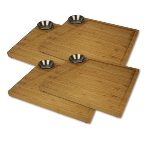 cleenbo Steakbrett 4er Set aus Bambus mit Edelstahl Soßenbehälter und Saftrille, Profi Holz Servierbrett für Fleisch, mit 4 Antirutschfüsschen, Maße: 30 x 25 x 3 cm Cover