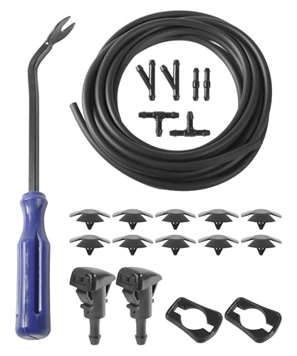 UNLRAE 22PCS Windshield Washer Hose Kit,13FT Washer Fluid Hose,6PCS Hose Connectors,2 Fan Nozzles&Gaskets,10PCS Hood Retainers,Universal Car Accessories Replacement,Used to Windshield Fluid Tubing