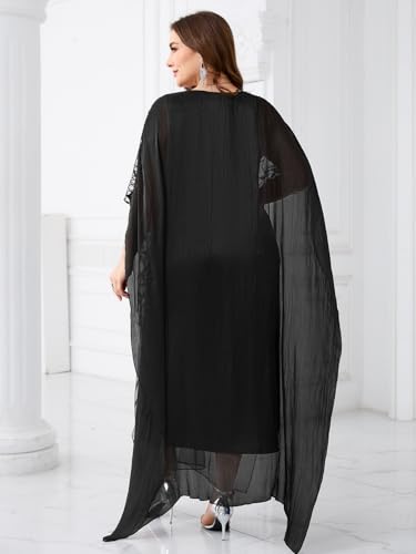 Image of Plus Size Sparkly Formal Evening Gown Sequin Cape Overlay Mother of Bride Dress Wedding Guest Cocktail Party
