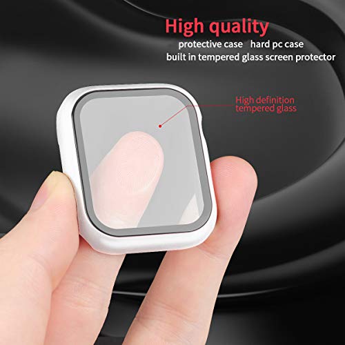 Image of HANKN (2 Pack Hard PC Case 45mm for Apple Watch Series 7 8 9 45mm Tempered Glass Screen Protector Case, Full Coverage Shockproof Ultra-thin Shell Iwatch Bumper Cover (White+White, 45 mm)
