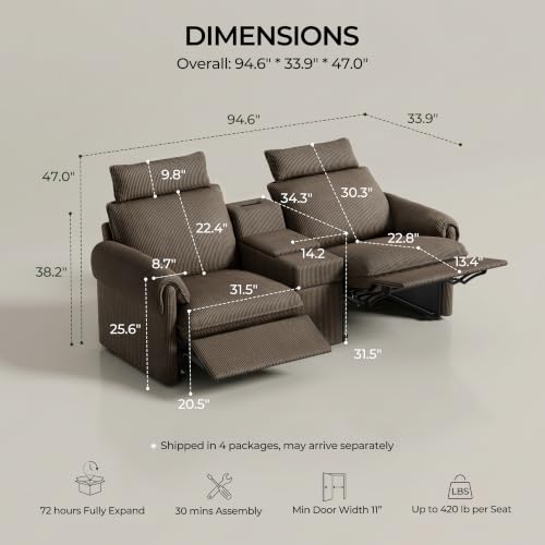 Image of CHIC HOUSE 95 inch Modular Power Reclining Loveseat Sofa with Console, Brown