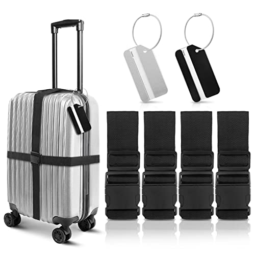 Juego Correas Equipaje, Paquete 4 Correas Hebilla para Maleta, 2 Etiquetas y 2 Cuerdas Alambre Acero, Cinturones Ajustables para Maleta para Accesorios de Viaje (Juego de Correa de Juego) Cover