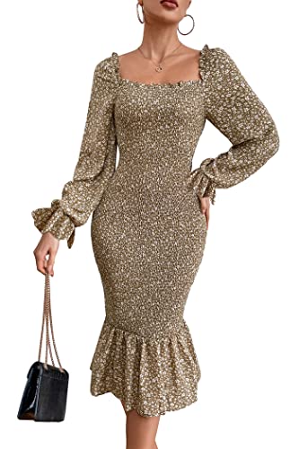 Image of PRETTYGARDEN Women's Long Puff Sleeve Floral Midi Bodycon Dresses Square Neck Ruffle Mermaid Smocked Dress