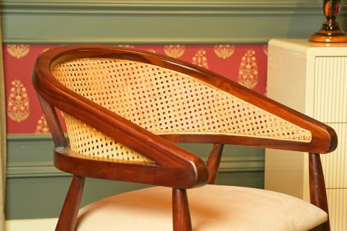 Image of Little eXtra Wooden Cane Dining Chair | Solid Wood Accent Chair with Handwoven Rattan Backrest | Modern Armchair for Living Room, Study & Cafe| 55 x 55 x 81 cm