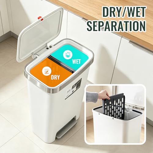 Image of Trash Can with lid,12 Gallon Slim Tall Garbage Can,White | Kitchen Trash Bin Step-on with Lid, Plastic Garbage Can with Stainless Steel Rim for Bathroom,Living room,Bedroom,Yard