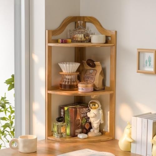 Livmorx 大容量、物置棚、コーナーキャビネット、三角形、コーヒーティーバッグカップ収納、簡単な組み立て、扇形のボード、バスルーム (3層,ナチュラル)