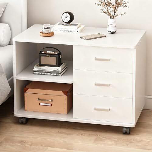 DAYONG Wooden Bedside Table Modern Nightstand with 3 Drawers & Storage Shelves Night Stands End Side Table for Bedroom Office Dorm Living Room 60 x 34 x 59 cm (White)