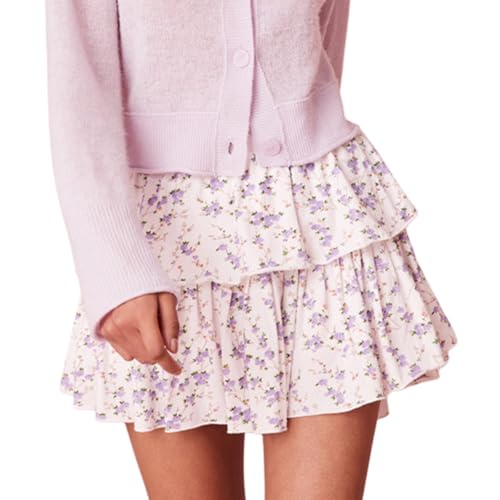 Womens Ruffle Mini Skirt Bohemian Floral High Waisted Tiered A Line Skirts Summer Beach Flowy Skirts Streetwear