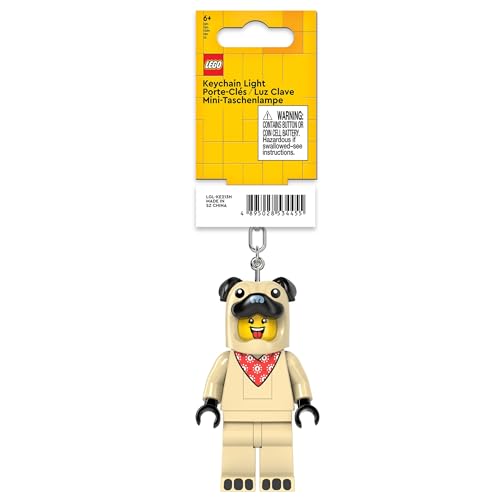 LEGO Mops-Kostüm Guy Schlüsselanhänger mit LED-Licht – große Minifigur 7,6 cm (KE213H) – voll beweglich – inkl. Batterien – witziges Geschenk & Taschenlicht für Kinder und Fans