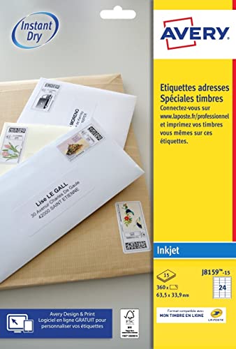 AVERY - Pochette de 360 étiquettes autocollantes 'MonTimbrenligne', Personnalisables et imprimables, Format 63,5 x 33,9 mm, Impression jet d'encre, (J8159-15)