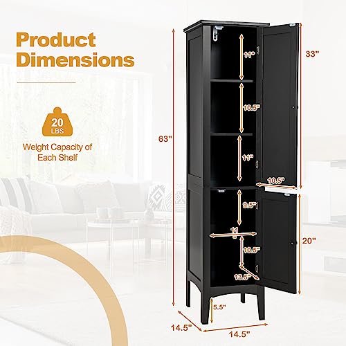 COSTWAY Tall Bathroom Storage Cabinet, 5-Tier Freestanding Linen Tower Cabinet with 2 Doors, Wooden Side Storage Organizer, Narrow Slim Floor Cabinet for Bathroom, Living Room, Kitchen (Black) - Image 3