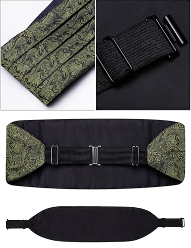 Image of Paisley Floral Tuxedo Cummerbund Bow Tie Pocket Square Set for Men | 3-piece set:cummerbund,bow tie&pocket square.Adjustable back for comfort.Silk blend,wedding,proms,black tie&formal events.