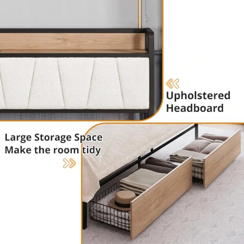 Image of LIKIMIO King Size Bed Frame with 2 Drawers and Charging Station | Platform Bed with Upholstered Storage Headboard, No Box Spring Needed, Easy Assembly, Sturdy, Wood and Cream