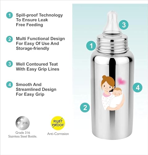 Image of Stainless Steel Feeding Bottle 304 Grade Steel with Anti Colic Silicone Nipples - 250 ml (Silver) /Ideal for Newborns and Toddlers (Pack of 1) Mom & Baby Theme