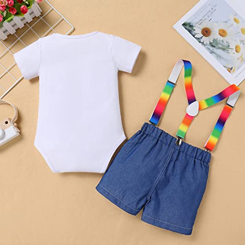 Image of 1st /2nd /3rd /4th /5th Birthday Outfit Boy Short Sleeve Romper /T-shirt+Rainbow Suspenders+Denim Shorts+Birthday Hat 4PCS Clothes