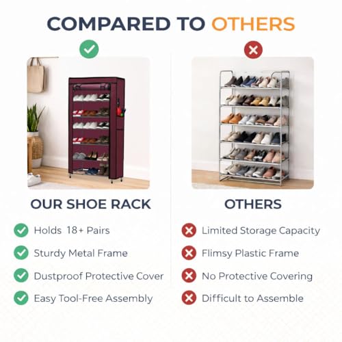 Image of Metal Shoe Stand with Cover, 6 Tier Shoe Organizer for Home & Office - Maroon