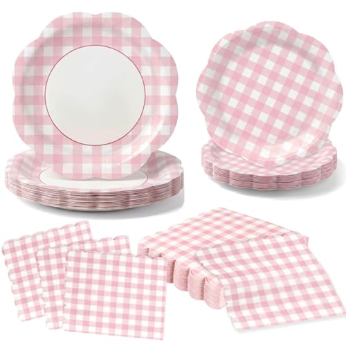 60Pcs Pink Gingham Party Supplies Scalloped Checkered Paper Plates and Napkins Disposable Plaid Tableware Set for Pink Birthday Wedding Baby Shower Spring Mothers Day Party Supplies Serves 20