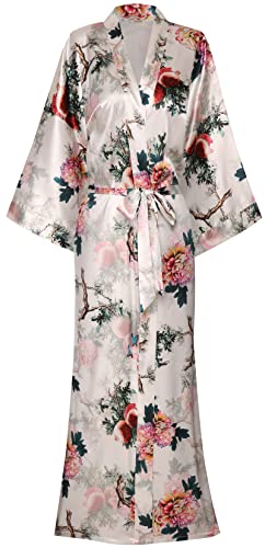 Image of goodmansam Women's Long Floral Satin Kimono Robes Bridal Dressing Gown Wedding Bridesmaid Nightgown