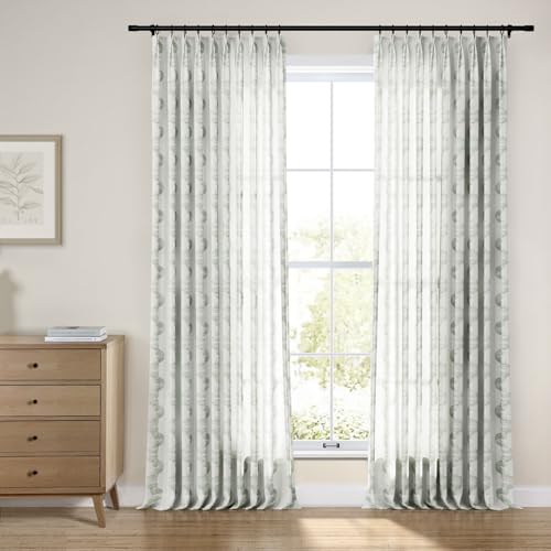 TWOPAGES Pinch Pleat Drape Spiral Pattern Embroidered Curtain Window Treatment for Kids Room Bedroom, Linen Cotton Light Filtering Curtain (Spring Green, 52W x 63L Inches, 1 Panel)