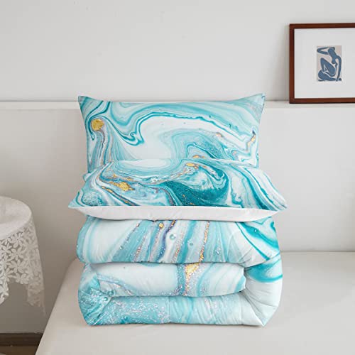 Teal Marble Comforter Set Turquoise Marble Pattern Bedding Set Blue White Gold Crystal Mineral Marble Comforter For Kids Boys Girls Women Colorful Bedroom Decor Abstract Art Quilt Set Full Size #TOP4