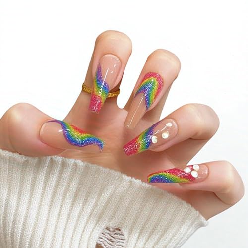 plalely Square Press on Nails Long Gradient Fake Nail Rainbow with Rhinestones Acrylic Nail Press ons Pride Stick on Nail for Women 24pcs