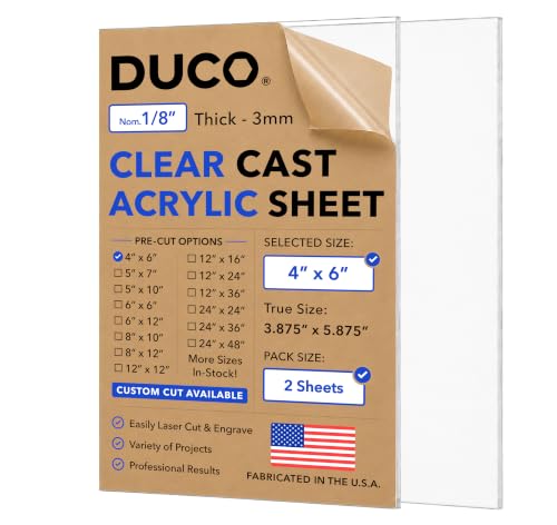 Duco 1/8" Clear Cast Acrylic Sheets, 4"x6" Plexiglass Sheets, 2 Pack