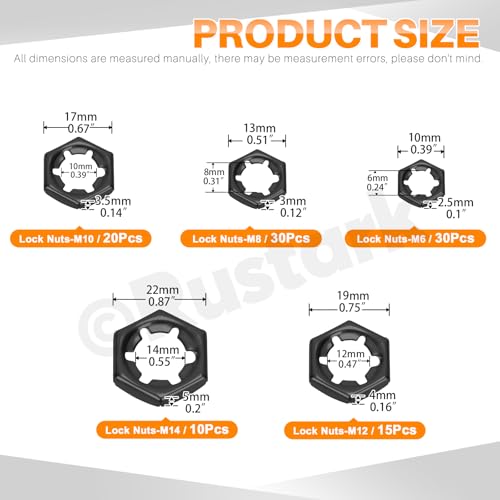 105Pcs M6 M8 M10 M12 M14 65Mn Push On Lock Nuts Assortment Kit Black Push Nuts Hex Hardware Nuts Fasteners Metric Machine Nuts for Machinery Manufacturing