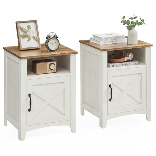 VASAGLE LIRY Collection - Farmhouse Nightstand with Barn Door, Set of 2, Bedside Table with Storage, Side End Table, Night Stand, Open Compartment, for Bedroom, Rustic White and Honey Brown