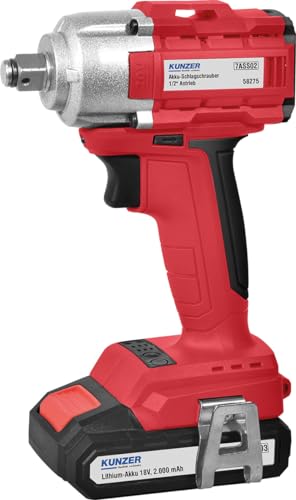 Kunzer 7ASS02 Akku-Schlagschrauber 1/2 Zoll Antrieb, Lithium-Akku 18 V, 450 Nm Schlagzahl 3.300 bpm, 4 tlg mit Koffer