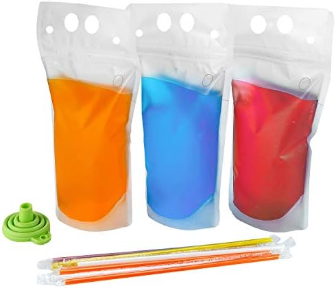 C CRYSTAL LEMON 100PCS Drink Pouches for Adults with Straw Smoothie Bags Juice Pouches with 100 Drink Straws, Heavy Duty Hand-Held Translucent Reclosable Ice Drink Pouches Bag