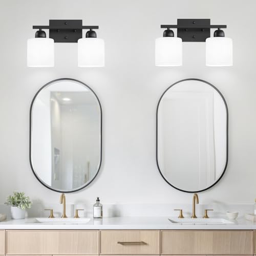 Image of Bath Vanity Lights for Mirror, Restroom Lights Fixtures with Milky White Frosted Glass Shades,Bathroom Over Sink Light Fixtures (Black & Milky White Glass, 2-Light)