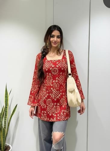 Image of ANNI Designer Women's Viscose Blend Printed Short Kurti | Straight Fit Casual Ethnic Top | Square Neck Full Sleeve Kurta Office College