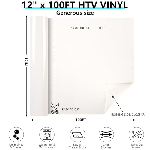 Image of Guangyintong White HTV Heat Transfer Vinyl Rolls, 12 inch X 100ft Iron on Vinyl PVC Adhesive for T-Shirt, Easy to Cut & Weed for DIY Design