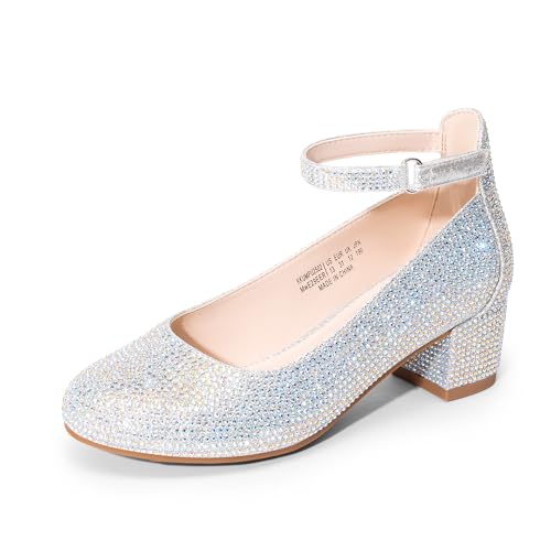 DREAM PAIRS Girls Dress Shoes Chunky High Heels Ankle Strap Party Wedding Princess Pump for Little Big Kid 1 Little Kid Silver