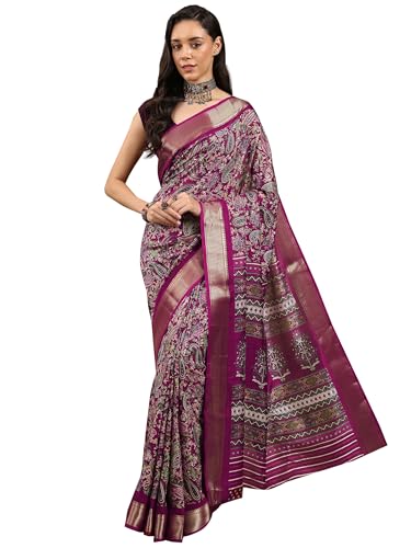 Image of Libas Printed Silk Blend Saree for Women With Unstitched Blouse Piece | Traditional Saree for Festive & Wedding