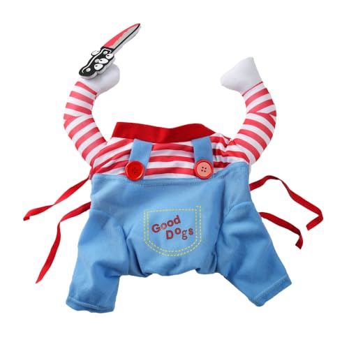 Divertida ropa de Halloween para perros pequeños y medianos con cuchillos, disfraz de mascotas, lindo disfraz de fiesta de gato disfrazado, trajes de chihuahua (azul sin sombrero, L)