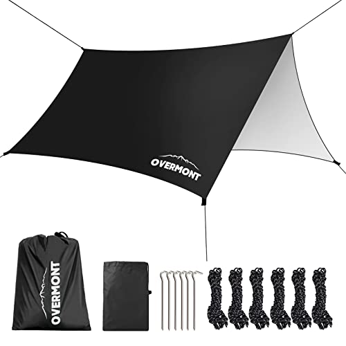Overmont Tienda de Campaña Tarp 3m x 3m Tarp Multifuncional Portátil Toldo de Protección Solar con 6 Estacas y 6 Cuerdas para Hamaca Viajes al Aire Libre y Picnic Negro