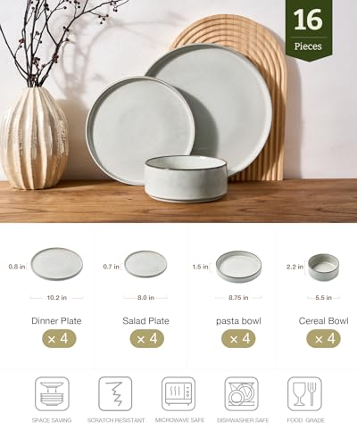 Image of Famiware Annecy Plates and Bowls Sets, Service for 4 (16 Pieces), Dinnerware Sets with Pasta Bowls, Microwave and Dishwasher Safe Dishes Set, Chip and Scratch Resistant, Grey White