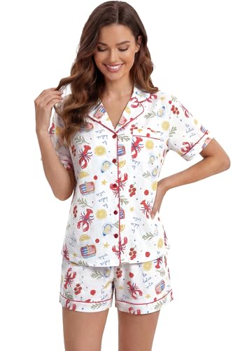 Image of LUBOT 100% Cotton Pajamas for Women 2 Piece PJ Set Button-Down Soft Knit Short Sleeve Summer Sleepwear Loungewear XS-XXL