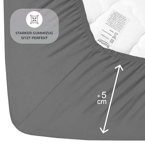 Foto von Buymax® Spannbettlaken 200x200cm Baumwolle 100% Spannbetttuch Bettlaken Jersey, Matratzenhöhe bis 25 cm, Farbe Anthrazit-Grau