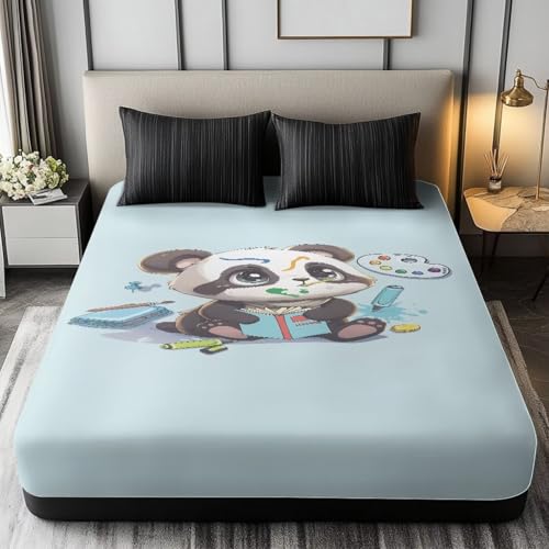 ZOUTAIRONG Twin XL Fitted Sheet Durable Kids Fitted Sheets Ultra Soft Cute Elastic Sheets Panda Pattern Anti Slip Washable Wrinkle Free Fitted Sheet for Boys Girls, 39 x 80 in