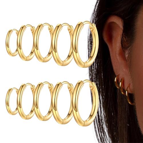 Pendientes de aro de acero inoxidable, 5 pares de pendientes de aro dorados, pendientes de aro para hombre, pendientes de cartílago redondos para mujer