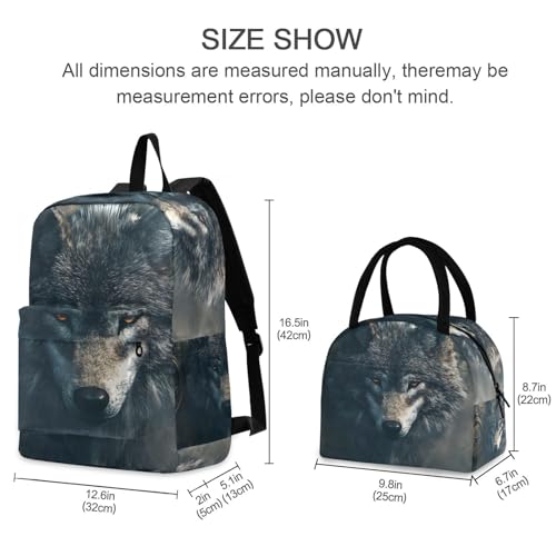 Backpack Lunch Bag Set Map Wolf Print, Big Storage Travel Backpacks with Insulated Lunch Box for Office Hiking Picnic2